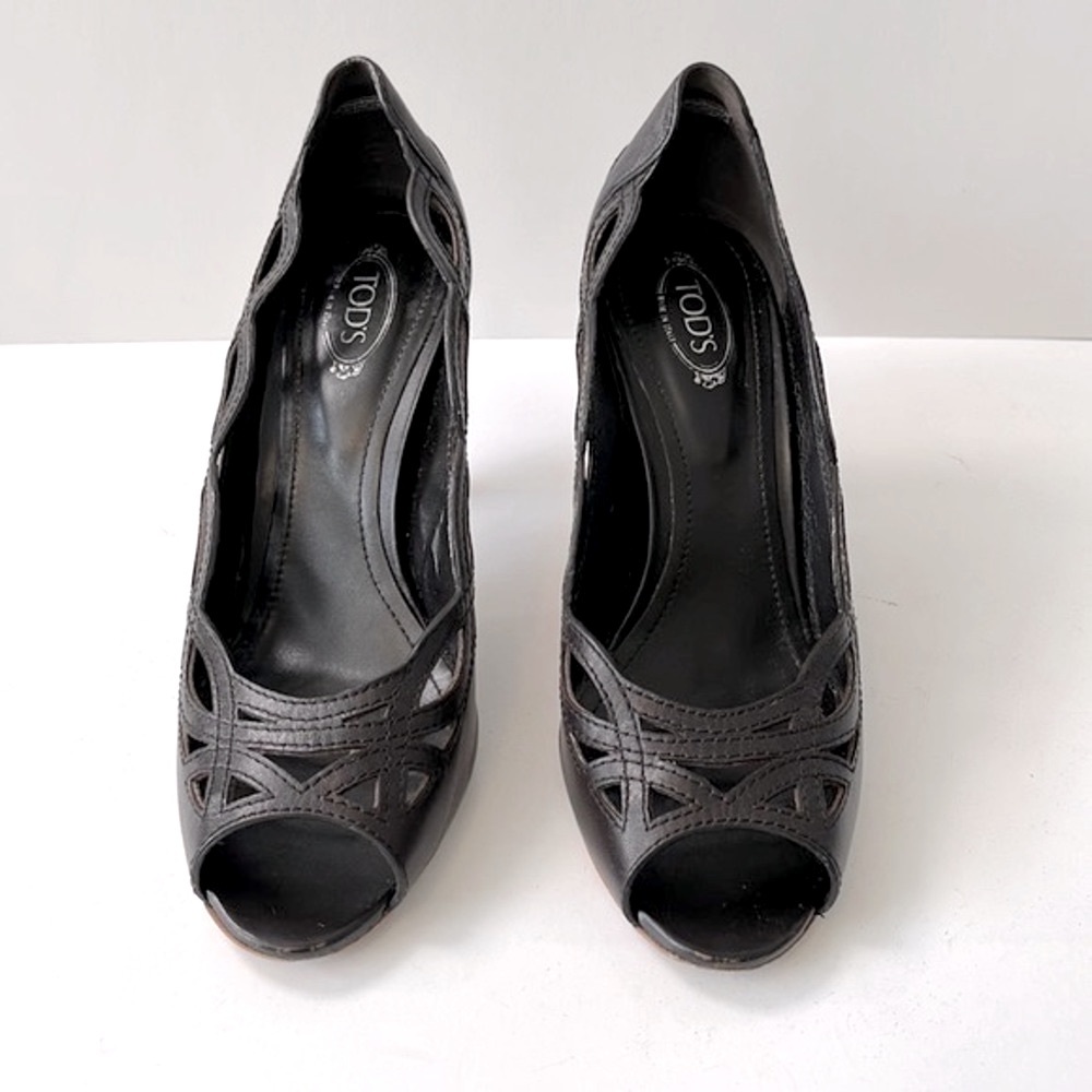 Tod's Leather Laser-Cut Peep Toe Pumps, Dark Brown, size 8